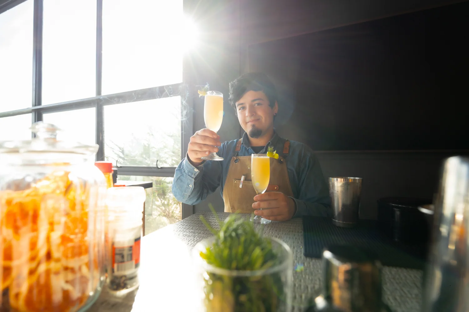 Bartender sosteniendo copa de cóctel en barra con luz natural